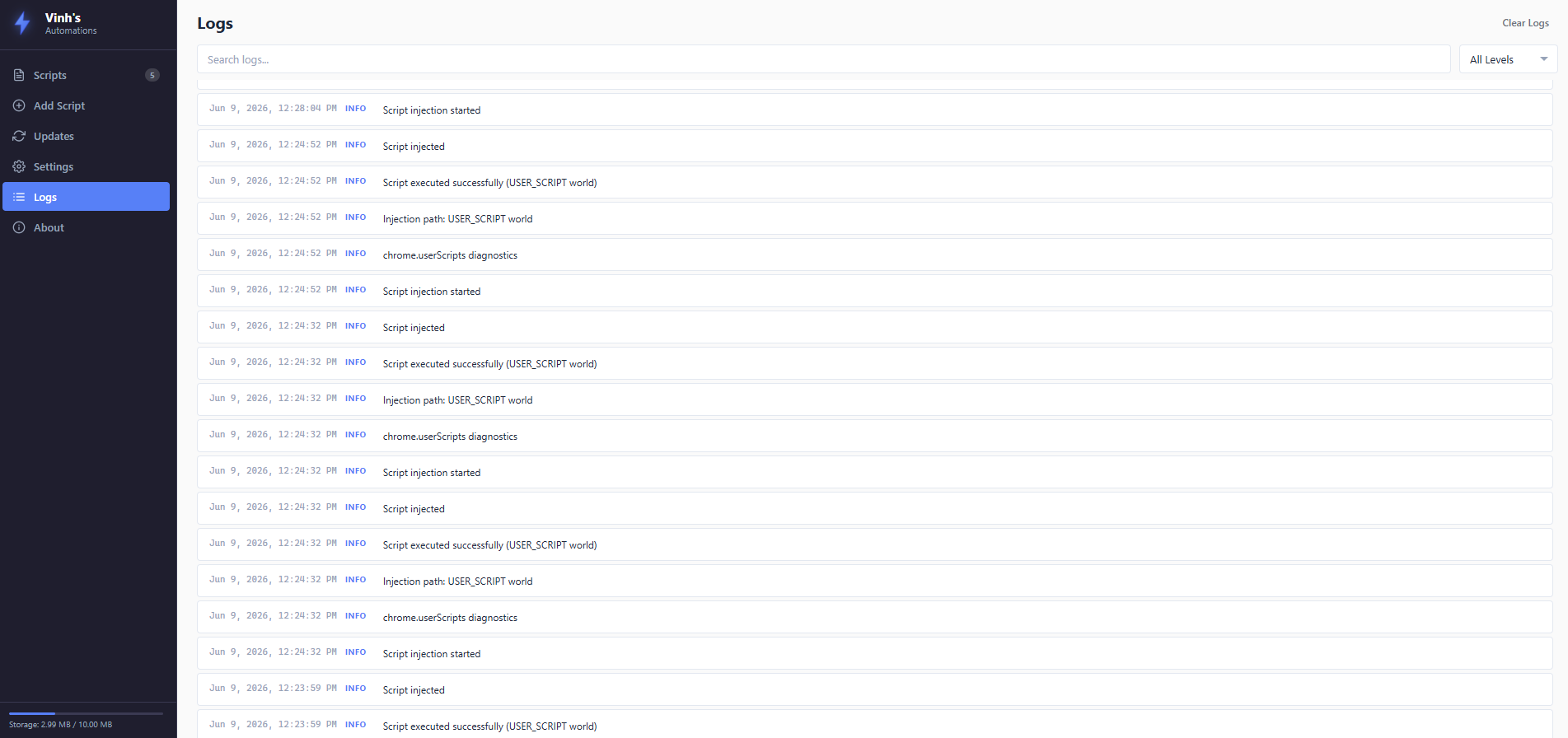Logs page showing the ring-buffer log viewer with redacted script sources